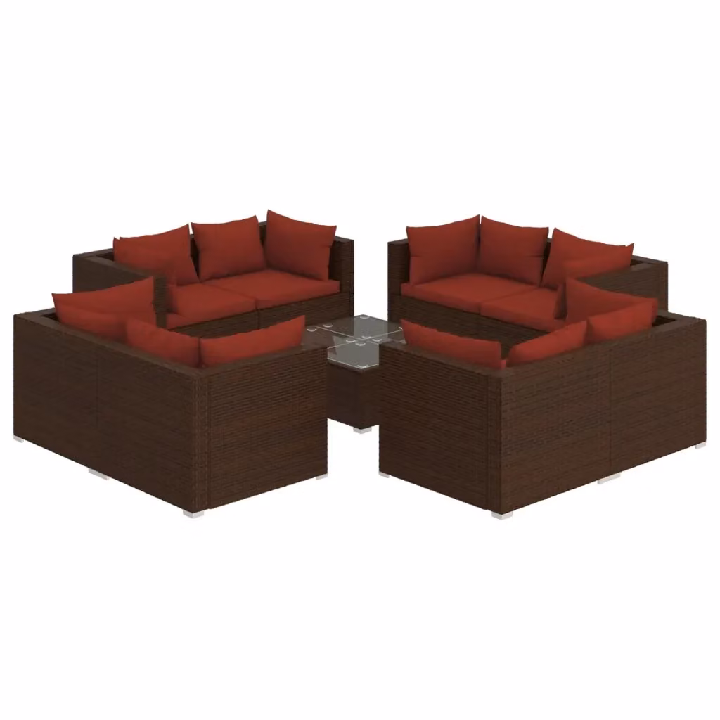 Set di Divani da Giardino a L con Tavolino vidaXL, 9 Pezzi in Polyrattan Marrone e Rosso con Cuscini Inclusi – 2