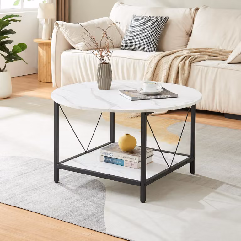 Tavolino 'Filem' con ripiano Ø80 x 46 cm Tavolo da soggiorno piano rotondo struttura in metallo effetto marmo, bianco