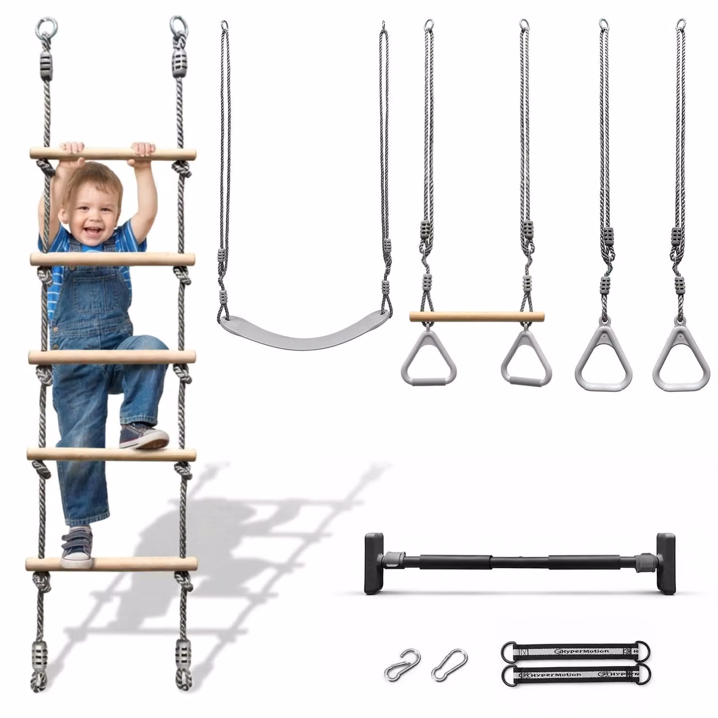 Set da ginnastica e arrampicata 5 in 1, barra di apertura per telaio della porta - Scala in legno, altalena, maniglie per ginnastica, casa e giardino