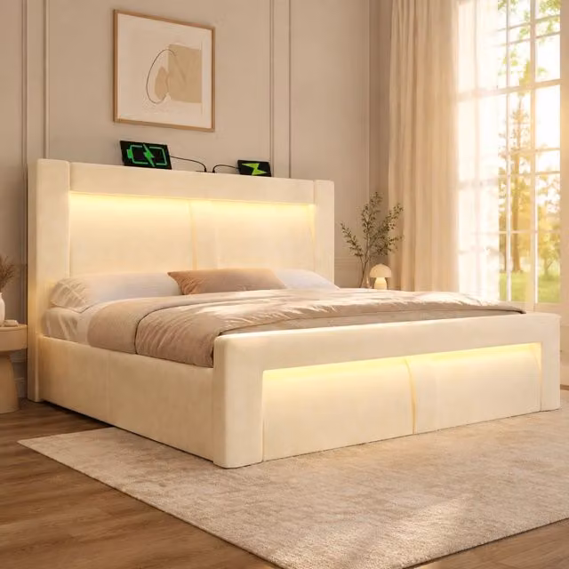 Letto matrimoniale ULEVR 160x200 cm contenitore idraulico, LED app, 3 USB e Type-C, velluto beige