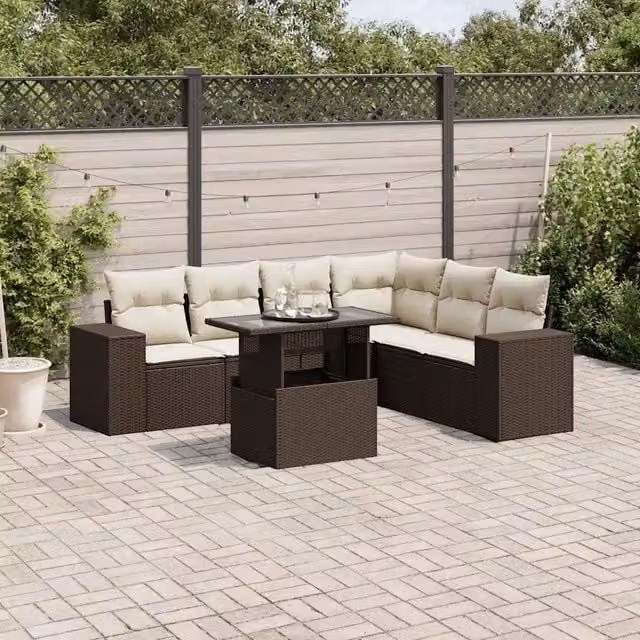 Set Divani da Giardino 7 pz con Cuscini Marrone in Polyrattan 3269193
