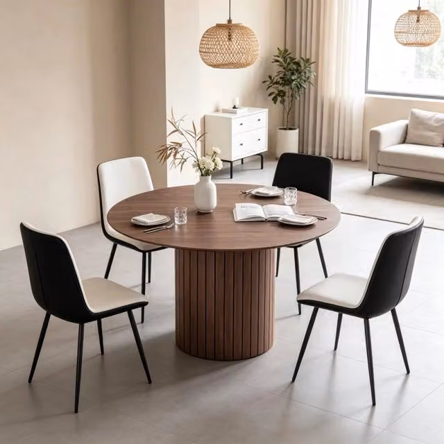 Desviae Tavolo da pranzo rotondo in legno con base cilindrica marrone scuro per 4–6 persone diametro 120 cm