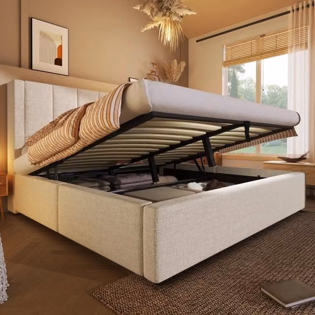 Letto contenitore 160 × 200 cm con testiera imbottita in lino beige; rete a doghe e materasso incluso; USB e Type-C