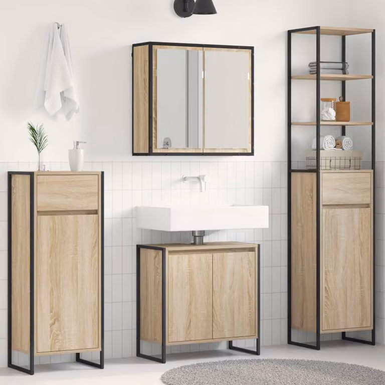 Set di mobili per il bagno moderno vidaXL in legno e metallo color rovere, composto da mobile lavabo, armadietto con specchio e pensile, marrone opaco