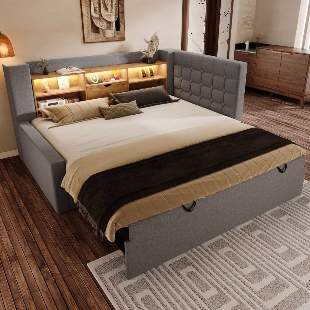 Letto a Divanetto Singolo con Letto Estrattibile, Luci LED, Porte USB e Tipo C, con Ripiani Laterali e Chaise Longue Asimmetrica, Grigio, L/P/H: 200 x 90 x 107 cm – 2