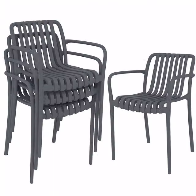 Set di 4 sedie da giardino ergonomiche impilabili Outsunny con braccioli, design a doghe, grigio scuro