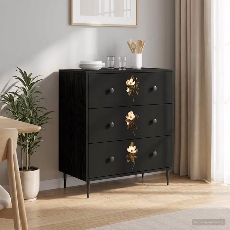 Cassettiera vidaXL BREMEN con stampa floreale Magnolia, colore nero, L: 66 cm, P: 36,5 cm, H: 76 cm