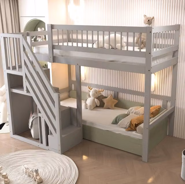 Letto a soppalco ULEVR 90x200 cm con scala contenitore e sponde alte, legno grigio