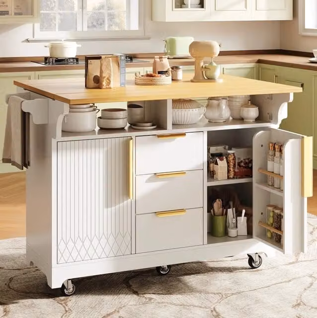 Isola da cucina su ruote con piani ribaltabili 120-197 cm; MDF bianco effetto rovere