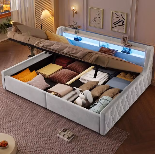 Letto imbottito 140x200 cm con LED e vano contenitore beige