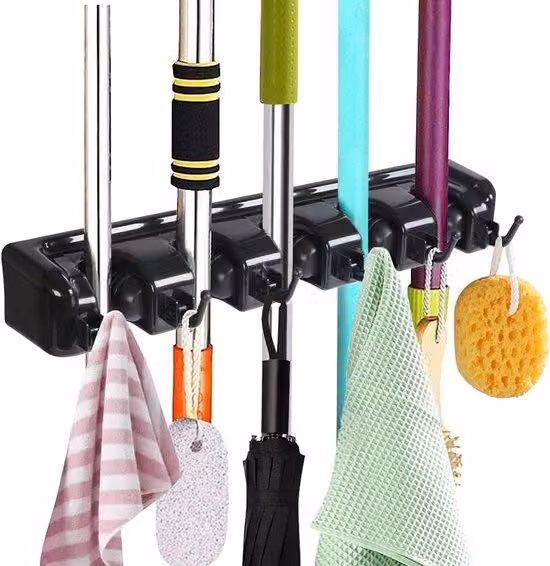 Portaoggetti da parete con 6 scomparti e 5 ganci per cucina, giardino e garage, per spazzole, mop e scope