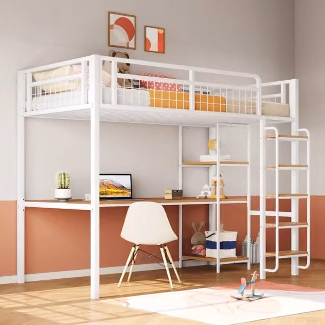 Letto a soppalco singolo bianco con scrivania, scaffali e scala, L/P/H: 200 x 90 x 183,7 cm
