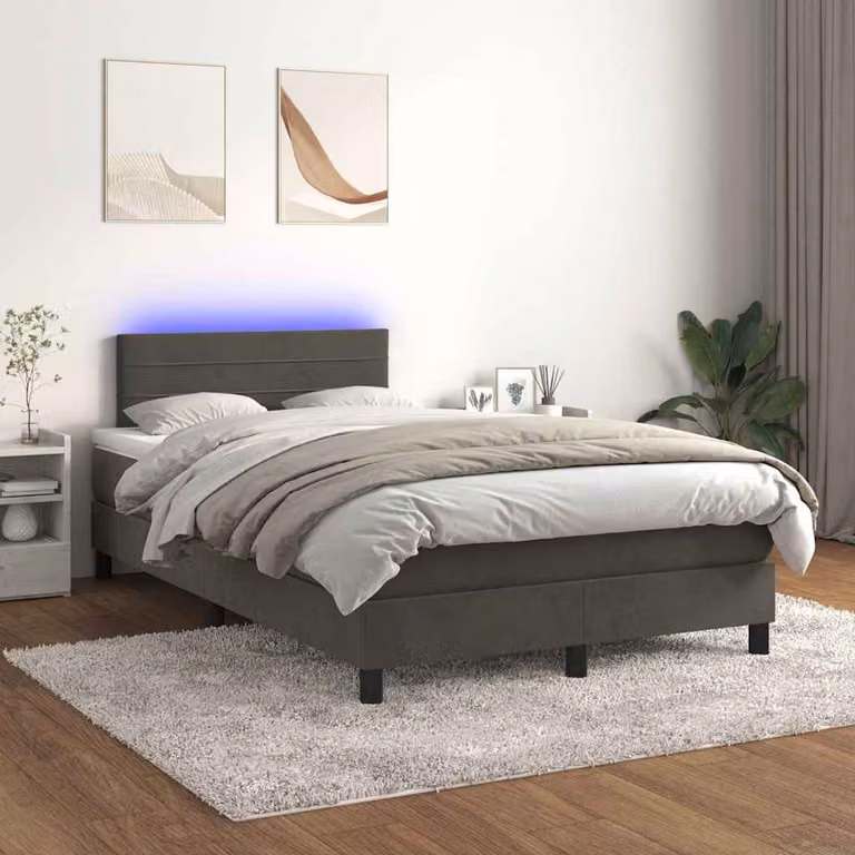 Letto Ibrido vidaXL con Materasso, Illuminazione LED Sotto il Letto e Porta USB, Rivestimento in Velluto Grigio e Bianco, L/P/H: 120 x 200 cm