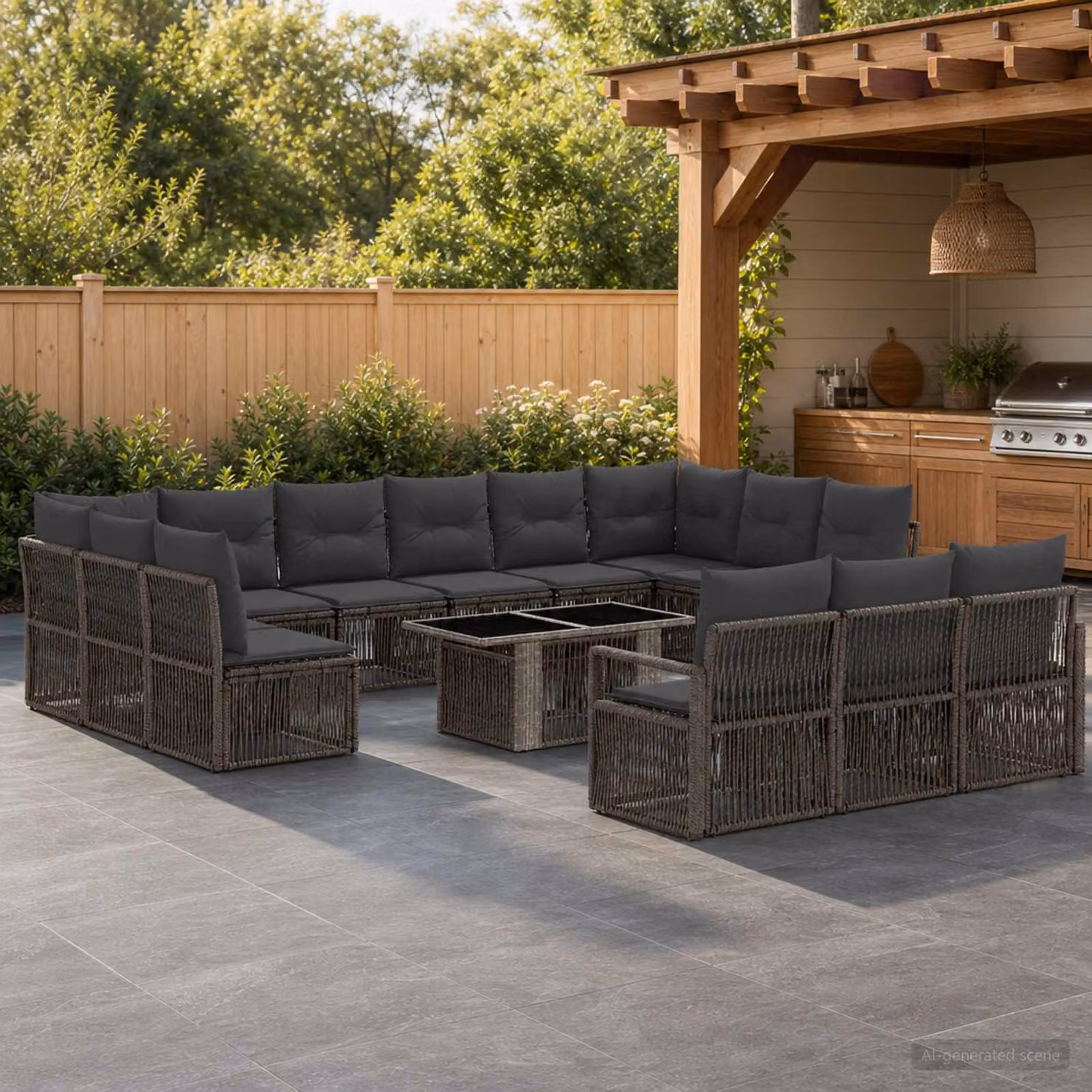 Set Divano da Giardino vidaXL 14 pz in Polyrattan Grigio e Antracite con Tavolino e Cuscini