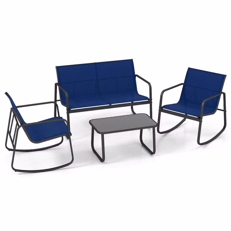 COSTWAY Set di 4 pezzi da giardino, mobili da giardino con dolce movimento a dondolo, 2 sedie, panca e tavolo, gruppo di sedute per 4 persone, set da giardino blu