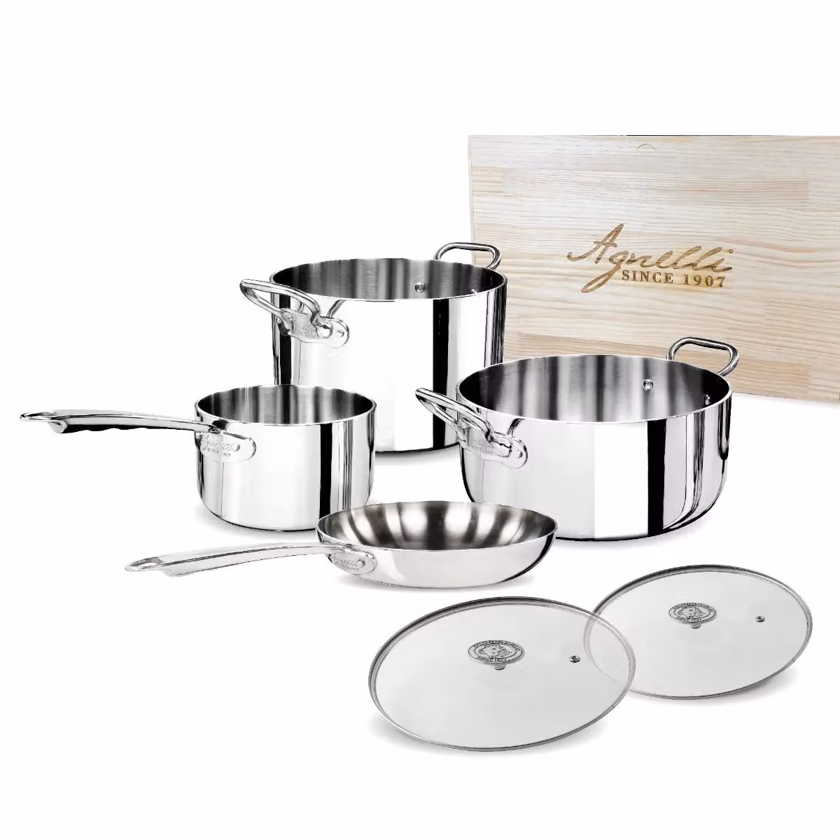 Batteria di pentole per induzione Agnelli in Alu-inox 5PLy - 6 pezzi con scatola in legno