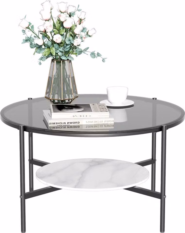 WISFOR tavolino rotondo in vetro temperato+marmo+metallo, tavolo da salotto tavolo in vetro tavolo da divano, con 2 ripiani design moderno, grigio