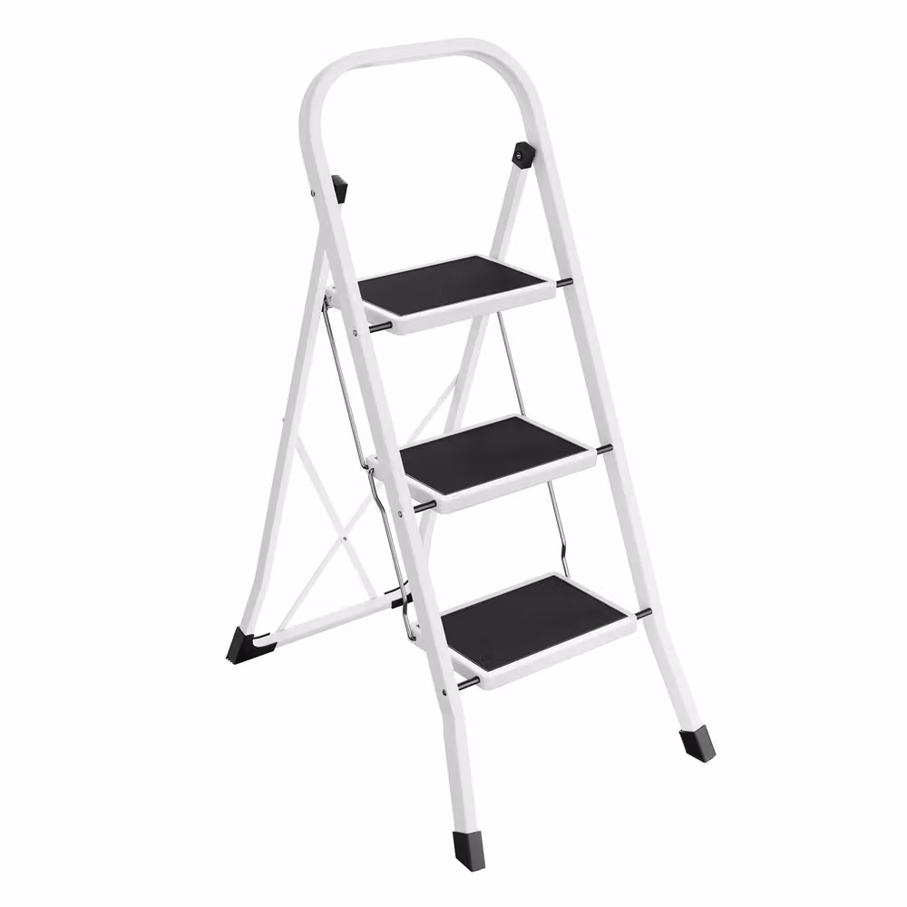Scaletta Pieghevole Chiusura di Sicurezza per Piegamento, Bianco Semplice / 3 Gradini（46,5 x 74,5 x 105 cm）