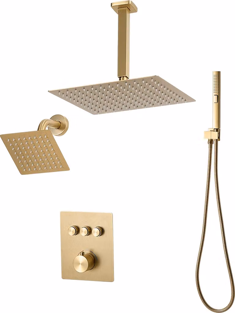 Set di sistemi doccia SucceBuy con soffione a pioggia da 12 pollici, soffione a parete da 6 pollici e doccetta 2-in-1. Soffione rotante a doppia pioggia con tre funzioni, valvola in ottone e set di finiture in oro spazzolato.