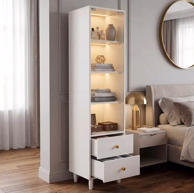 Vetrina ULEVR con illuminazione LED calda, anta in vetro e 2 cassetti, MDF e vetro bianco