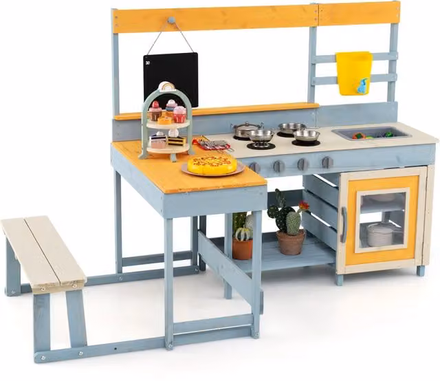 Set cucina da esterno in legno con tavolo da picnic e panca integrata e accessori multicolore per bambini – 1