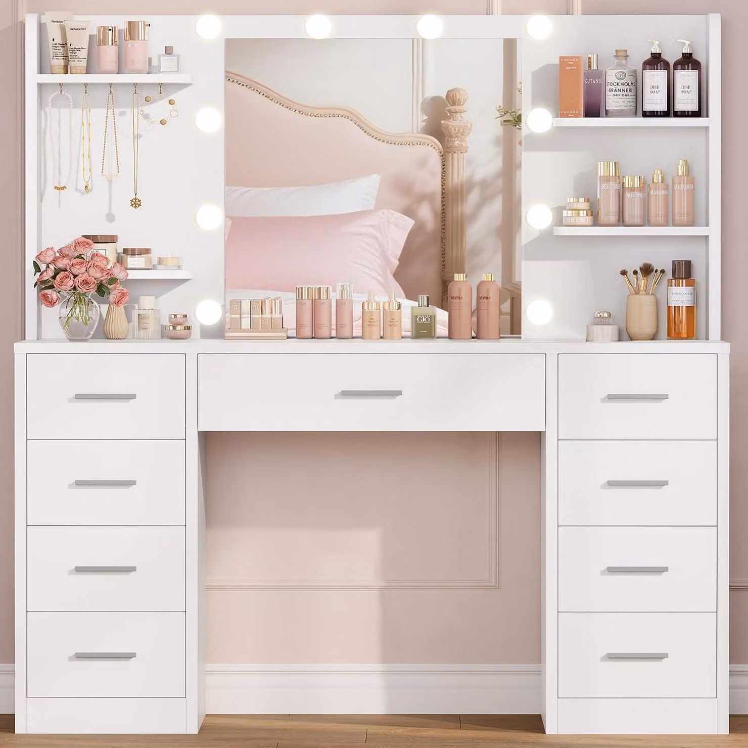 Comò da trucco con illuminazione a LED e specchio, 9 cassetti, bianco