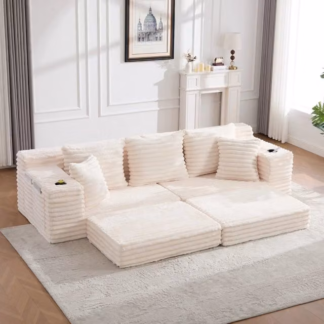 Divano in corduroy beige con funzione letto; tasche laterali; portabicchieri e schienale alto 273 cm