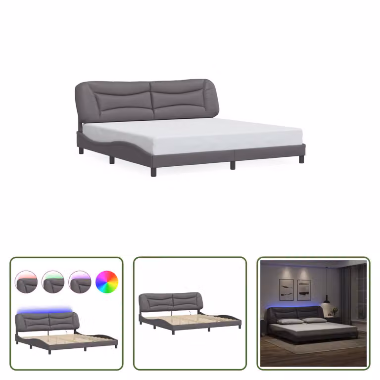 The Living Store Struttura letto con LED grigio 200x200 cm in ecopelle