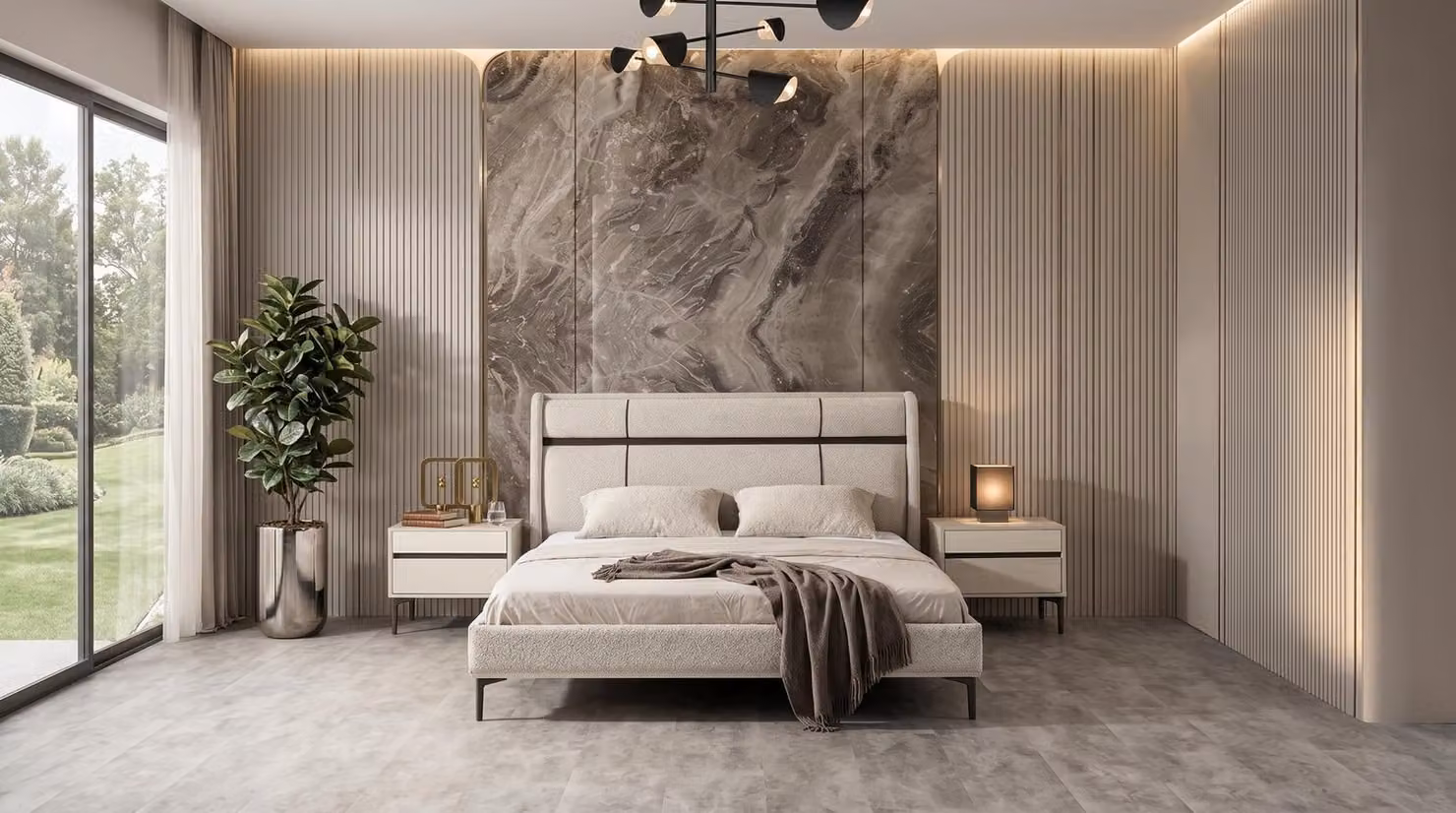 Set di camere da letto beige con letto grande, comodini e design moderno