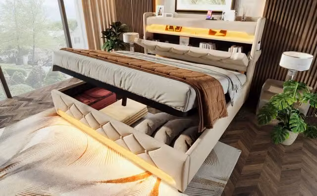 Letto imbottito matrimoniale 140x200 cm con contenitore idraulico, LED 360 gradi, ricarica USB e Type-C in testiera, lino beige, senza materasso