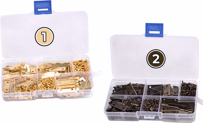 Set di 100 cerniere in metallo (oro, 24x16 mm), fornito in una scatola di plastica