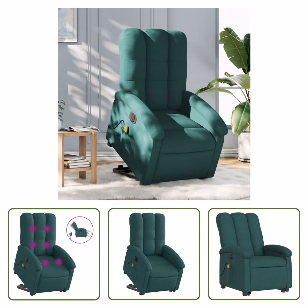 The Living Store Poltrona massaggiante elettrica con ausilio per la posizione eretta Tessuto verde scuro