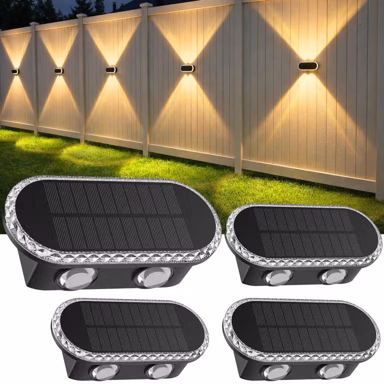 Lampade da parete per esterni, set da 4, design moderno, colore nero, tecnologia LED, alimentazione solare, impermeabili