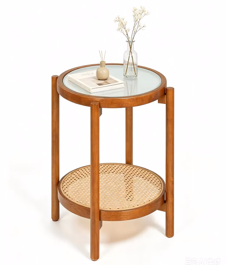 KOMFOTTEU Tavolino rotondo in legno, tavolino da divano a 2 piani in stile boho