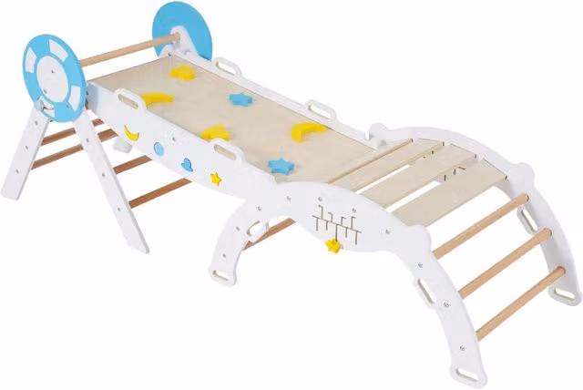 Set Montessori 7 in 1 Design Mania in legno bianco con scivolo, scala, arco e labirinto pieghevole per lo sviluppo motorio e cognitivo dei bambini
