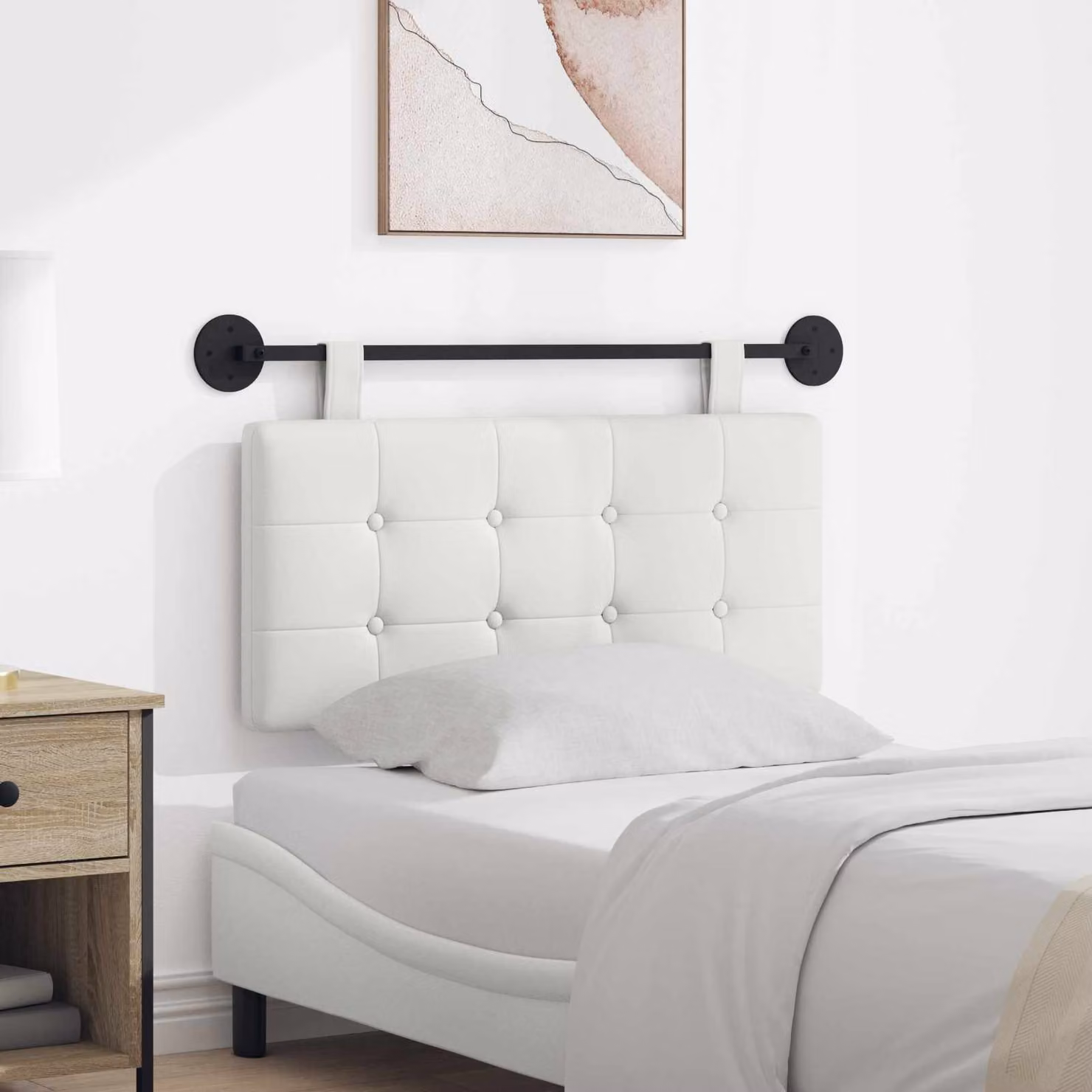Testiera per letto sospesa vidaXL in similpelle bianca con pannello imbottito e struttura in MDF e metallo