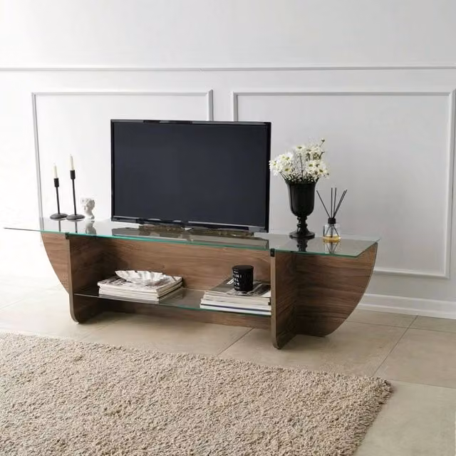 Mobile porta TV Kasuga, Credenza da soggiorno, Armadio basso per TV, Base parete attrezzata, 158x35h40 cm, Noce