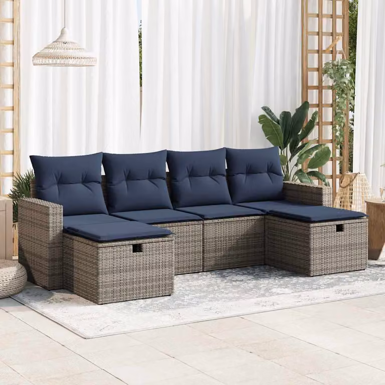 Set Divano da Giardino a L vidaXL in Polyrattan con Cuscini, 6 Pezzi, Grigio e Blu