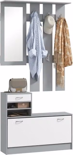 Set da ingresso XYLO composto da specchio, appendiabiti e scarpiera in legno, colore grigio opaco