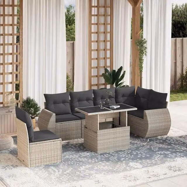 Set da giardino 7 pezzi vidaXL con divano a L, poltrone, tavolino e cuscini antracite in rattan e metallo