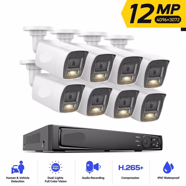 Kit di telecamere di sicurezza IP – 12 Megapixel – Connessione PoE – Visione notturna a colori – Sensore di movimento