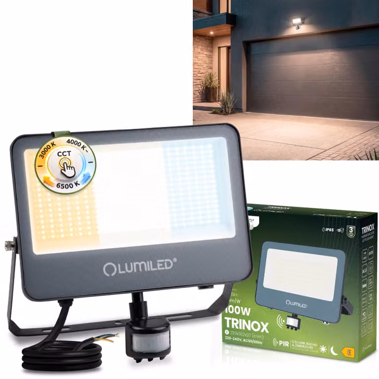 LUMILED Faretto LED da esterno 100W 11000lm CCT 3000K 4000K 6500K con sensore di movimento Sensore crepuscolare IP65 Impermeabile Proiettore da esterno Faretto da giardino Garage Cortile Faretto da parete Alluminio Grigio Faretti Proiettori neri Proiettor