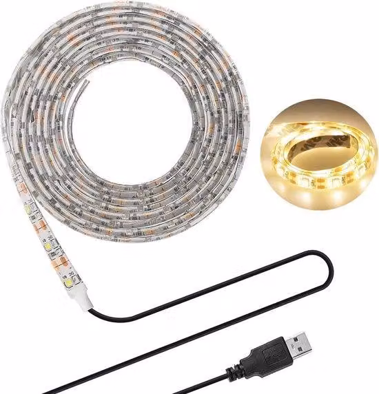 Striscia LED USB con retroilluminazione, 2 m, bianco caldo, impermeabile