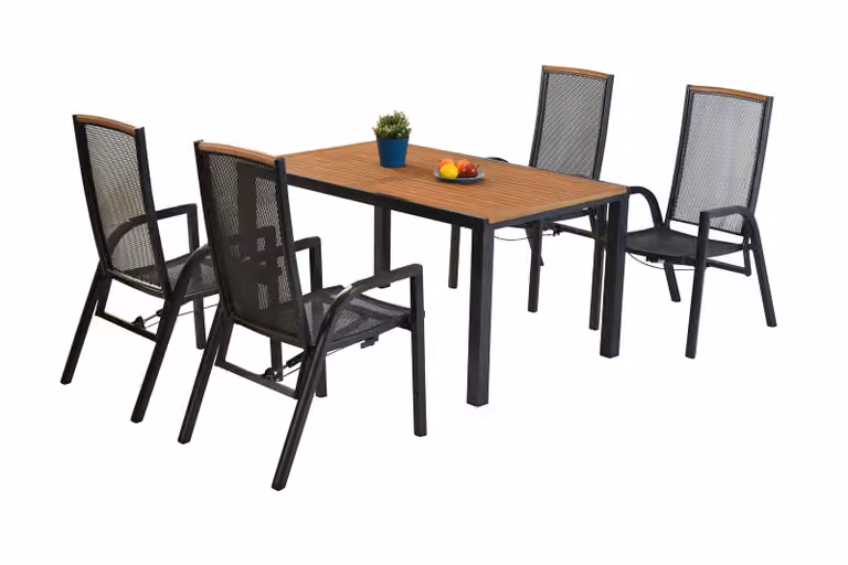 Merxx Set di mobili da giardino Tilos 5 pezzi, 4 poltrone regolabili, tavolo allungabile 150 (200) x 90 cm - alluminio/acacia