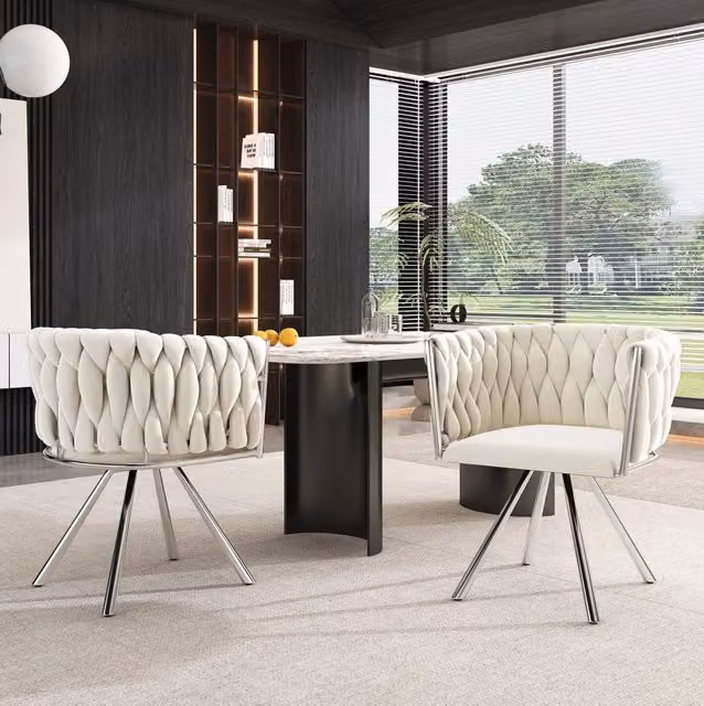 Set di 4 sedie da pranzo girevoli 360° in velluto beige e argento