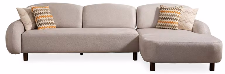 Divano angolare beige, forma a L, rivestito in tessuto, ideale per l'arredamento moderno e lussuoso del soggiorno