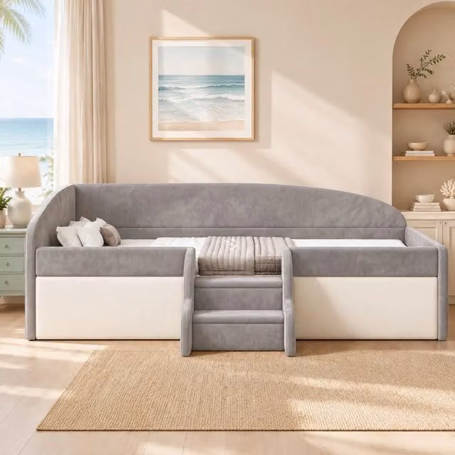 Letto imbottito per bambini 90 x 190 cm con gradini e sponde; velluto grigio