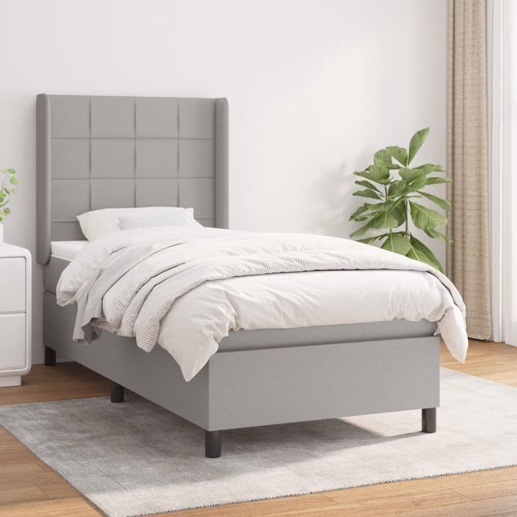 The Living Store Letto a molle con materasso grigio chiaro 100x200 cm in tessuto