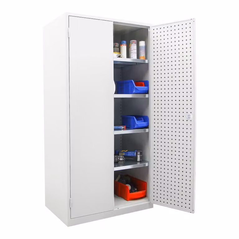 Armadio da officina STIER, 1940x1000x600 mm, grigio chiaro, 4 ripiani, porta rivestita internamente con pannello forato