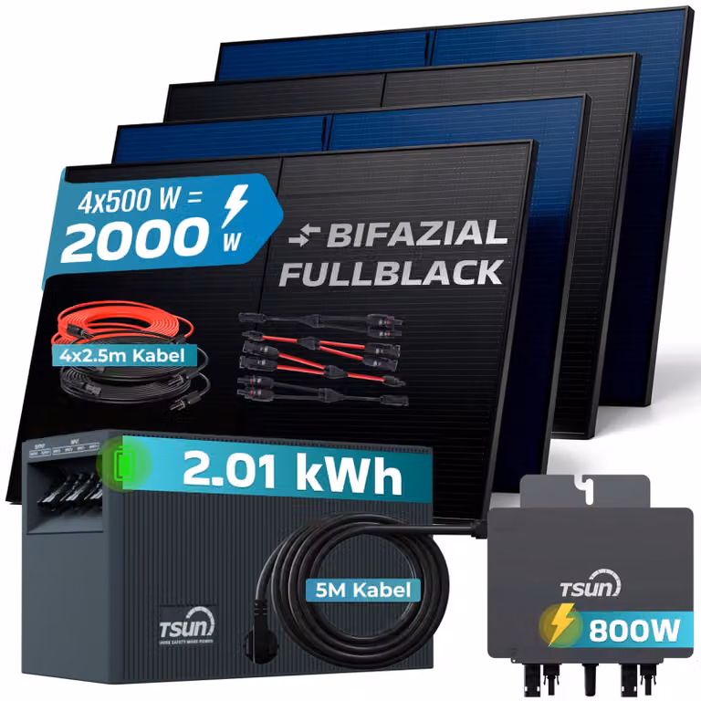 SUNNIVA® Impianto fotovoltaico da balcone da 2000W con sistema di accumulo da 2,01 kWh, modello TSUN SOLARCAN TSOL-DCU2000Lite, composto da 4 pannelli da 500W bifacciali full black, completo di presa di corrente e sistema di accumulo solare
